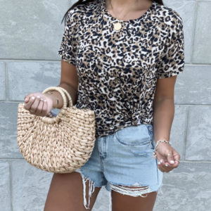Blogger, Sarah Lindner of The House Of Sequins wearing a leopard Socialite t-shirt on Nordstrom Anniversary Sale