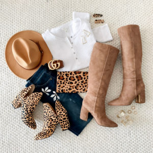 Blogger, Sarah Lindner of The House Of Sequins styling Nordstrom Anniversary long sleeve thermal with leopard booties or high boots and skinny jeans