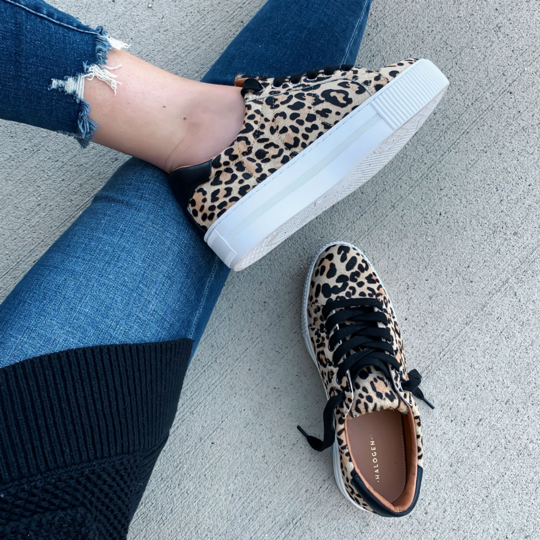 Blogger, Sarah Lindner of The House Of Sequins wearing Halogen leopard sneakers