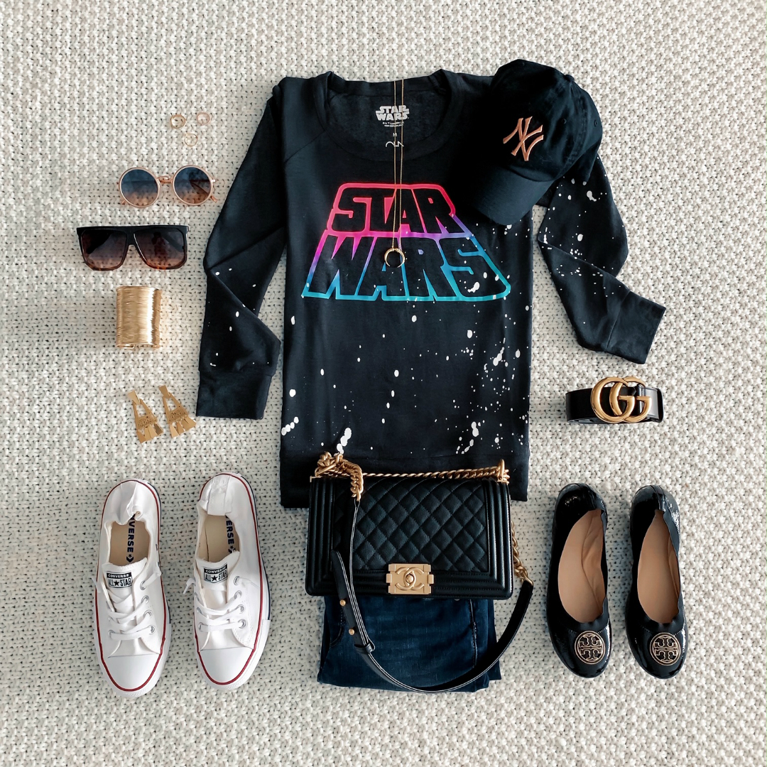 Blogger Sarah Lindner of The House of Sequins wearing chaser brand star wars tee shirt. How to style a disney star wars tee for a day at the park