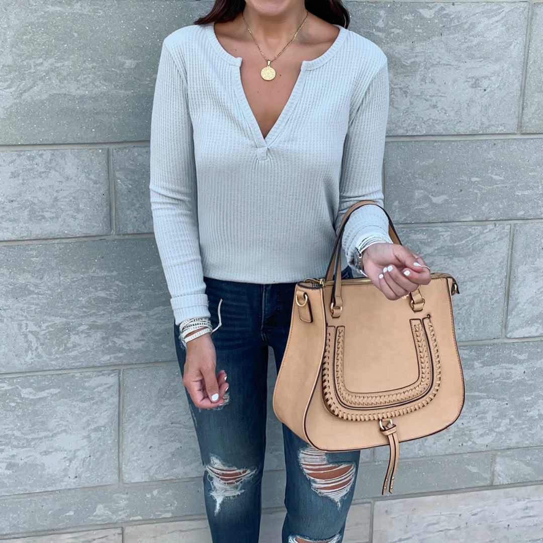Blogger Sarah Lindner of The House of Sequins wearing gray Henley Waffle Knit Casual shirt from amazon prime