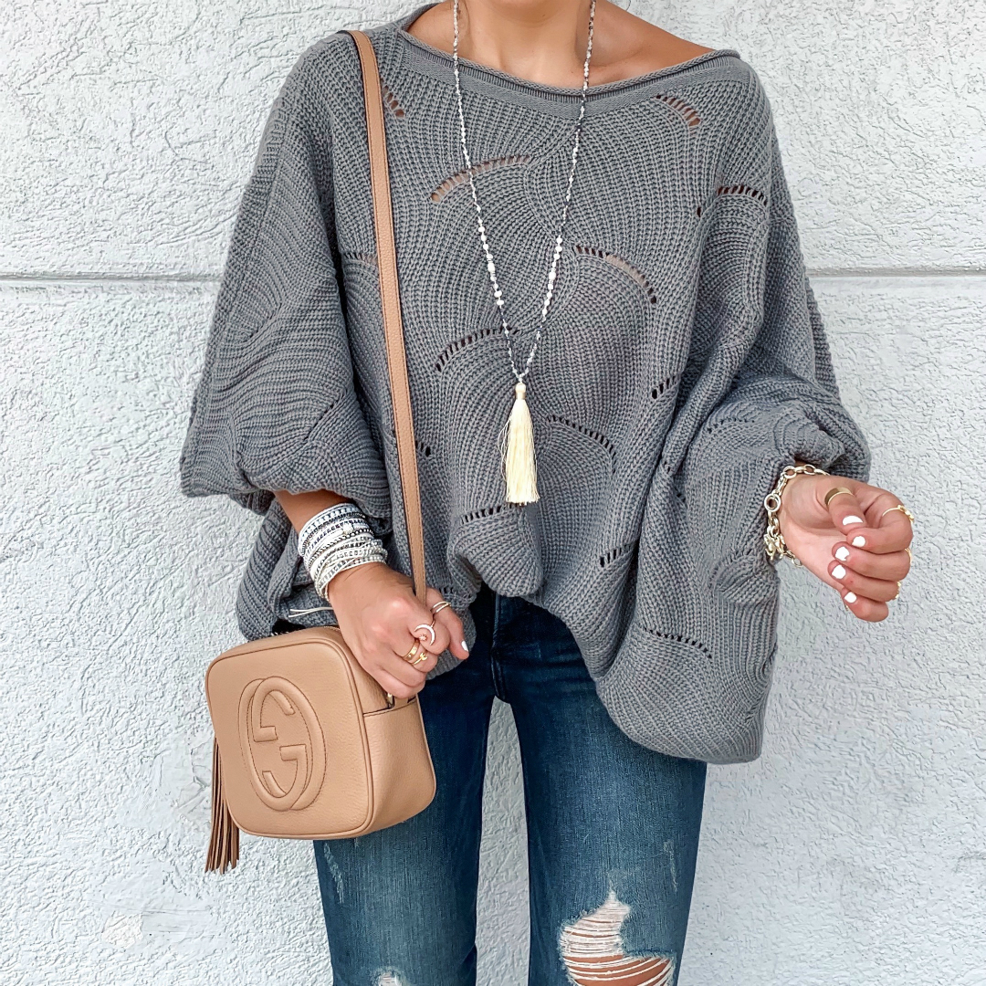 Blogger Sarah Lindner of The House of Sequins wearing amazon gray oversized sweater