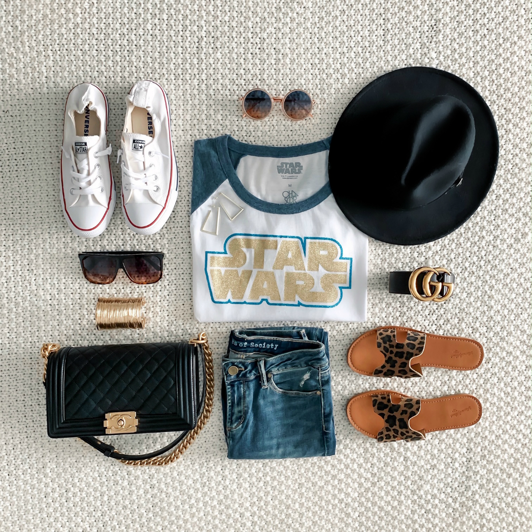 Blogger Sarah Lindner of The House of Sequins wearing chaser brand star wars tee shirt. How to style a disney star wars tee for a day at the park