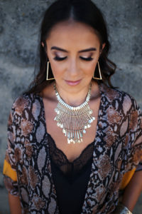 Blogger Sarah Lindner of The House of Sequins wearing Lena Statement Necklace