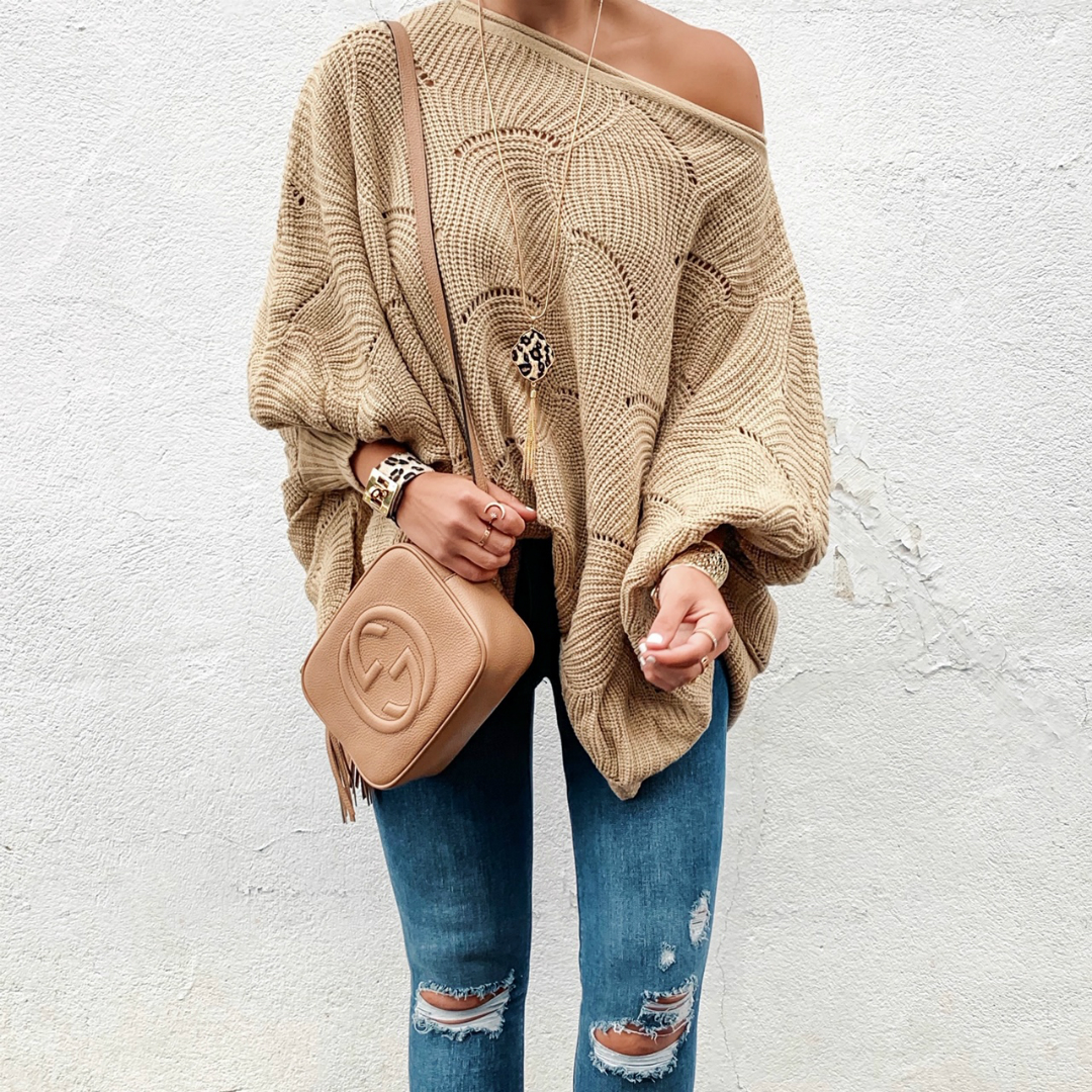 Blogger Sarah Lindner of The House of Sequins wearing Batwing Sleeve Pullover Oversized Hollow Knitted Sweater Jumper Top from amazon