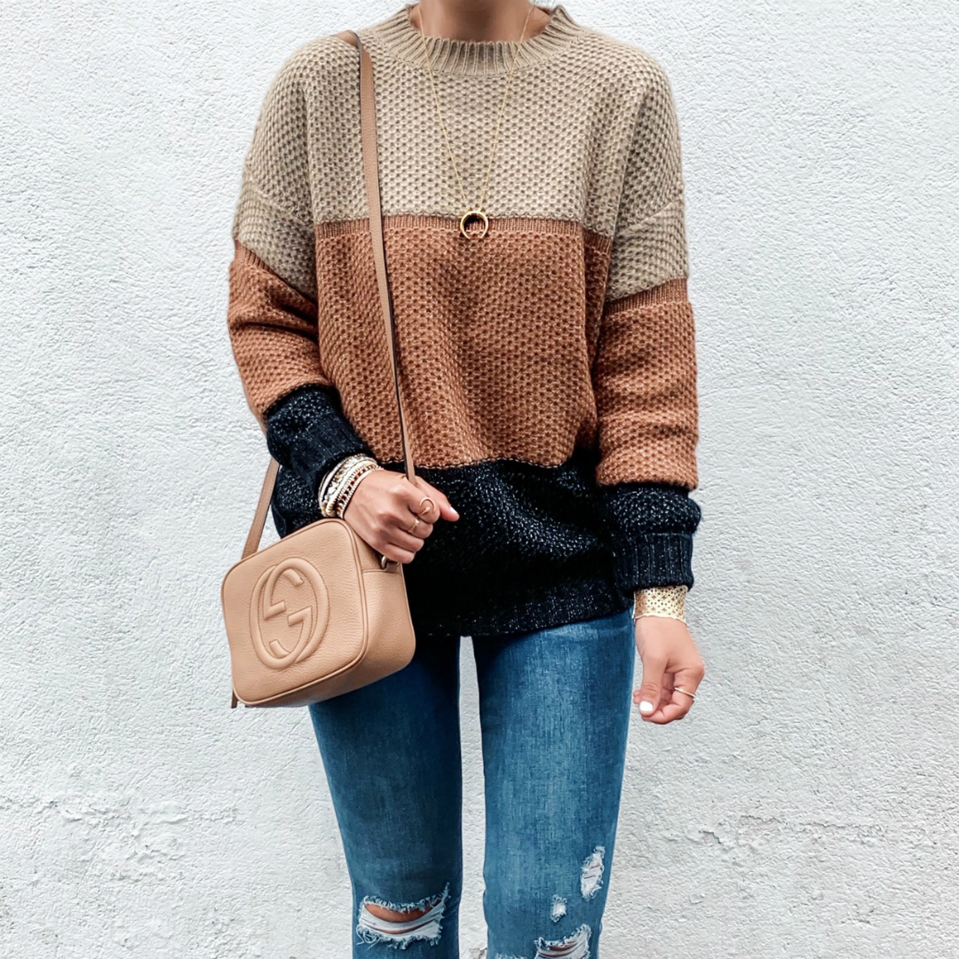 Blogger Sarah Lindner of The House of Sequins wearing brown Color Block Oversized Crewneck Sweaters Striped Long Sleeve Loose Chunky Knitted Pullover Jumper from amazon