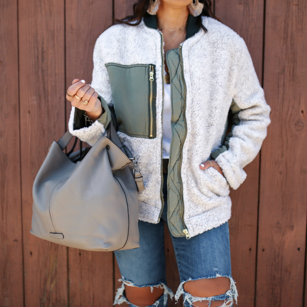 Blogger Sarah Lindner of The House of Sequins wearing We The Free Rivington Sherpa Jacket