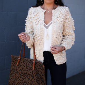 Blogger Sarah Lindner of the House of Sequins wearing Modcloth's Textured Touch Cardigan and Roller Derby Skinny Jeans