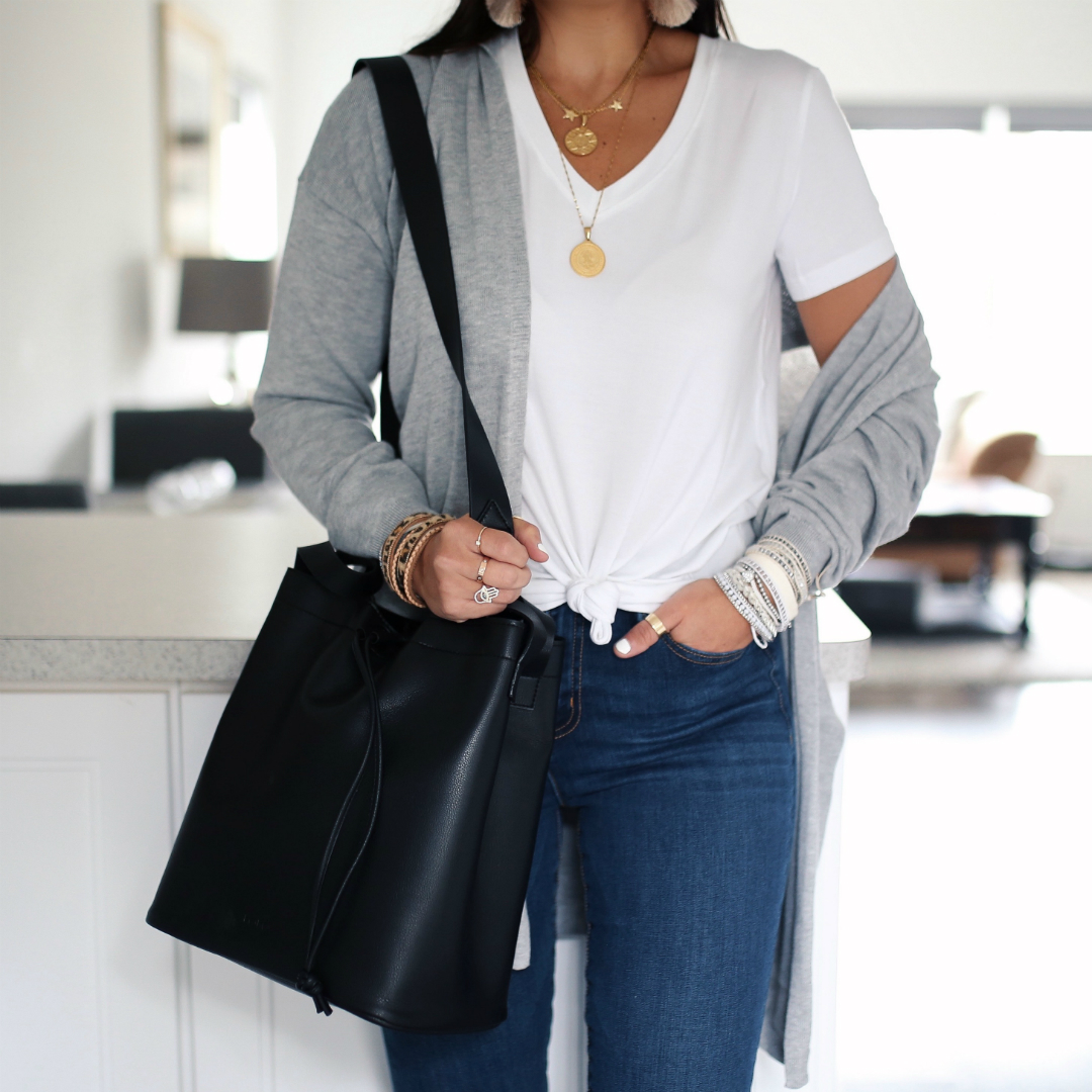 Blogger Sarah Lindner of The House of Sequins wearing Lole AGDA V-NECK TEE SHIRT and COZY CARDIGAN