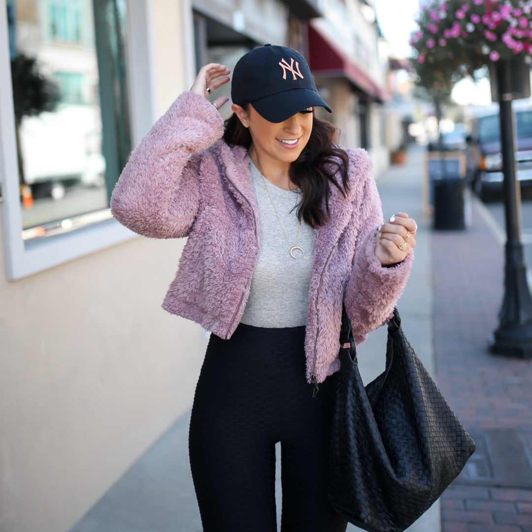 Blogger Sarah Lindner of The House of Sequins wearing Free People One Good Sport Fleece Jacket and Wide Eyed Tank