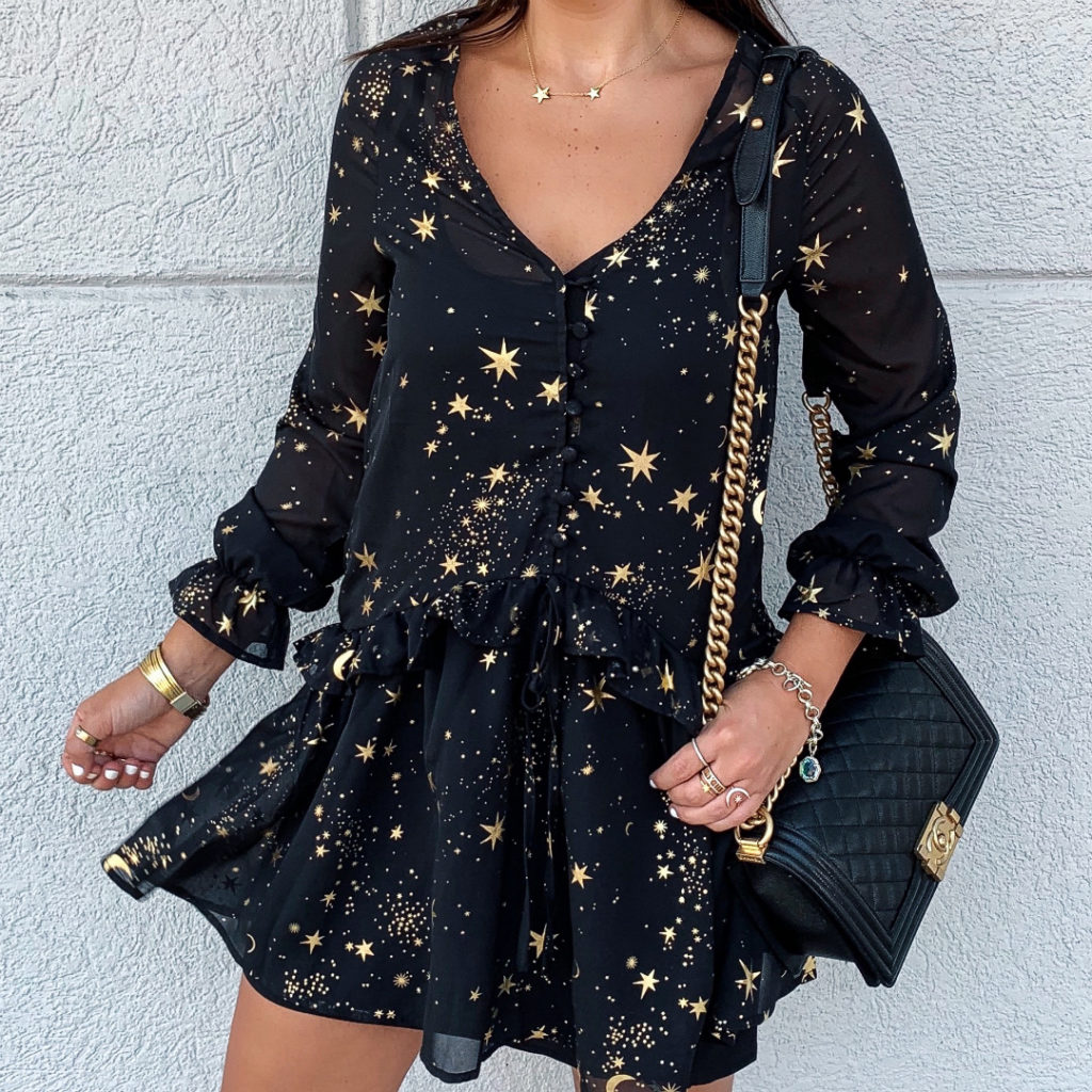 Blogger Sarah Lindner of House of Sequins wearing Amazon star print dress