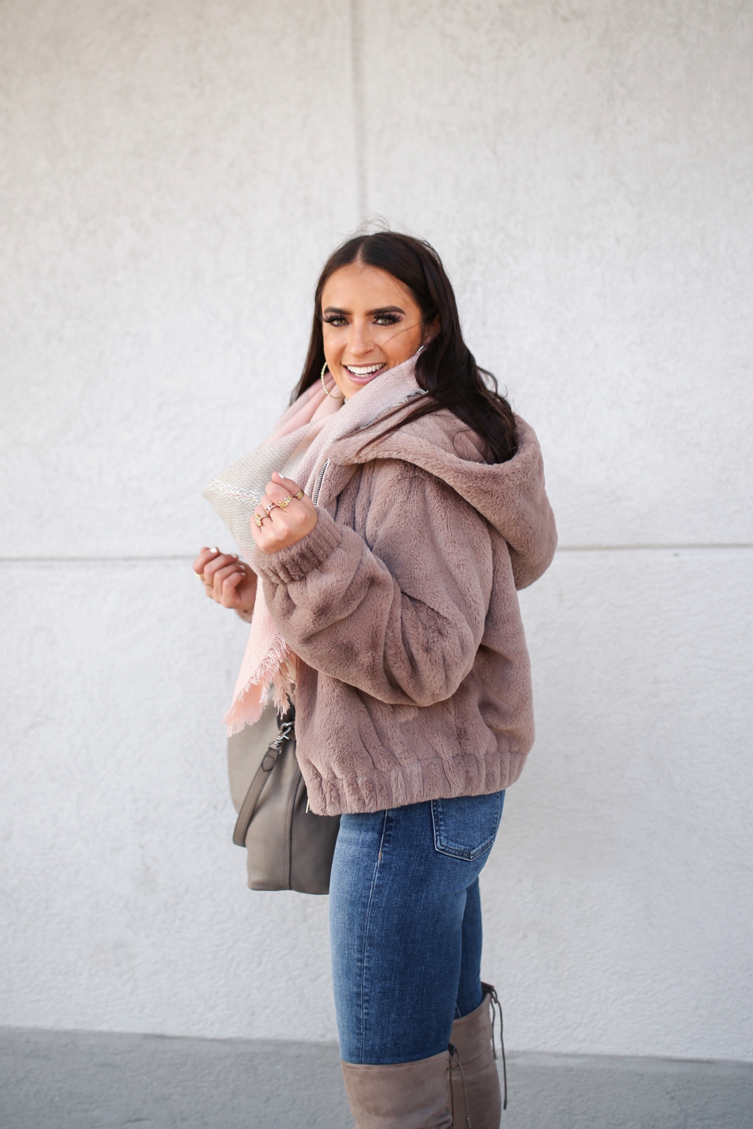 Blogger Sarah Linder of House of Sequins wearing Amazon The Drop Sloan Faux Fur Zip Front Hooded Jacket