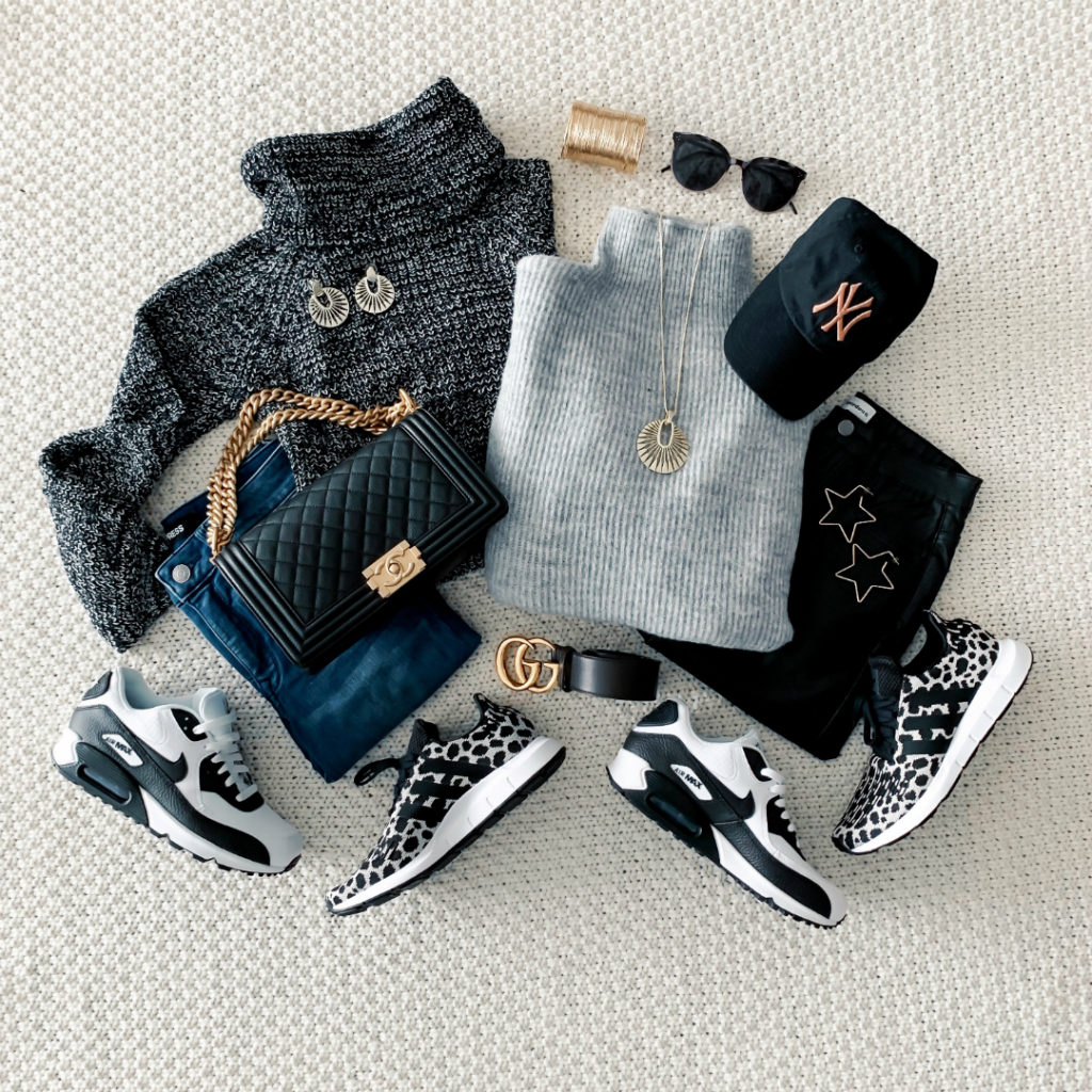 Blogger Sarah Lindner of House of Sequins Instagram Flat lay with Adidas Leopard Swift Sneakers and Nike Black and White Airmax sneakers