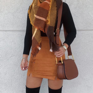 Blogger Sarah Lindner of House of Sequins wearing Amazon lace up faux suede mini skirt in orange for fall