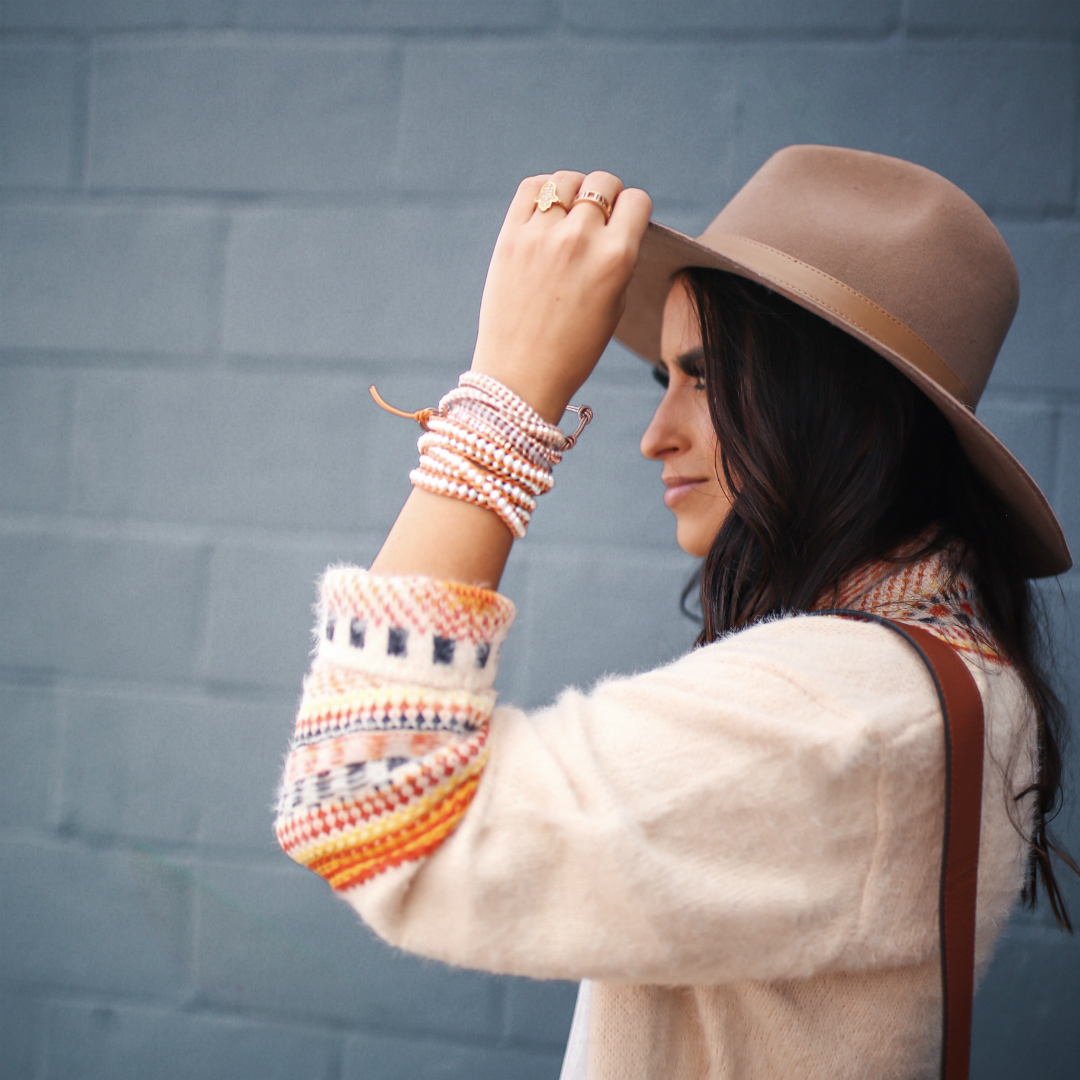 Blogger Sarah Lindner from House of Sequins wearing Victoria Emerson wrap bracelets