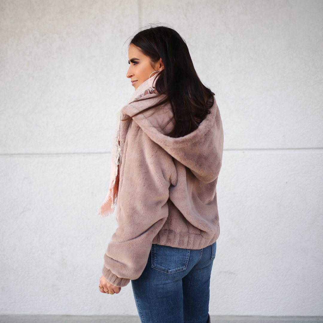 Blogger Sarah Linder of House of Sequins wearing Amazon The Drop Sloan Faux Fur Zip Front Hooded Jacket