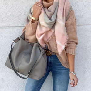 Blogger Sarah Lindner of House of Sequins wearing Amazon blanket scarf