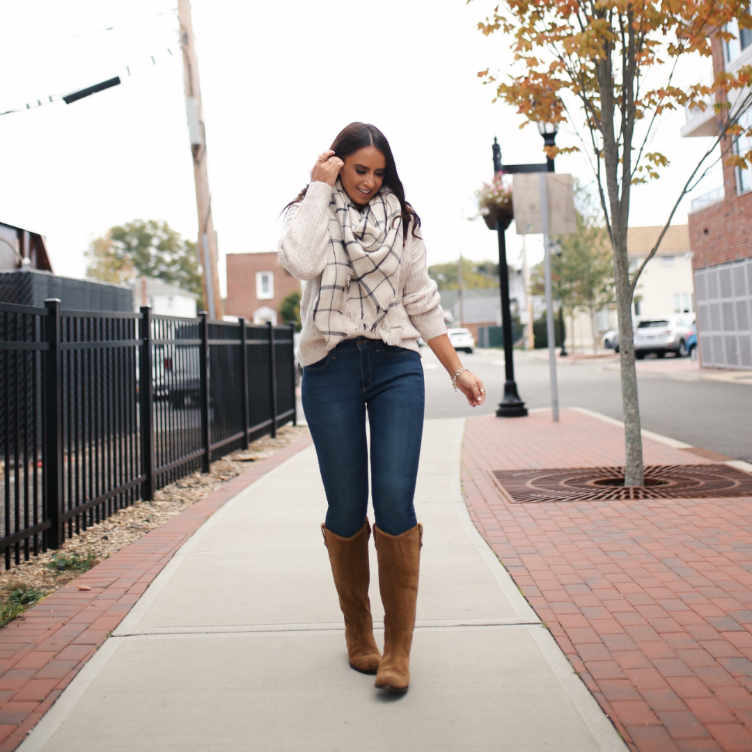Blogger Sarah Lindner from House of Sequins wearing Frye Melissa Button boots