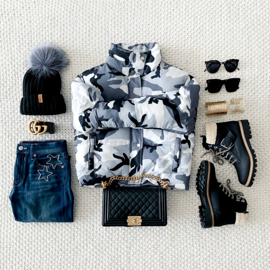 Blogger Sarah Lindner from House of Sequins wearing Revolve Super Down Heidi Puffer Jacket in gray camo