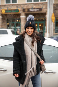 Blogger Sarah Lindner from The House of Sequins wearing sherpa teddy coat from Walmart We Wear America