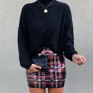 Blogger Sarah Lindner of House of Sequins wearing sequin mini skirt from Express