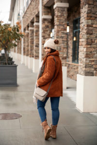 Blogger Sarah Lindner of The House of Sequins wearing sherpa teddy coat from Walmart We Are America