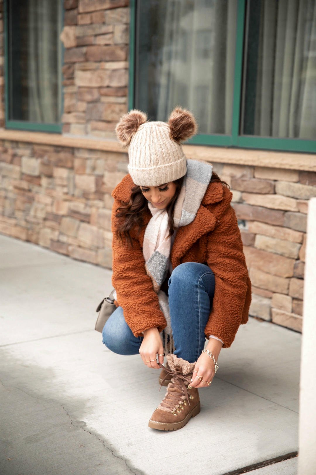 Blogger Sarah Lindner of The House of Sequins wearing sherpa teddy coat from Walmart We Are America
