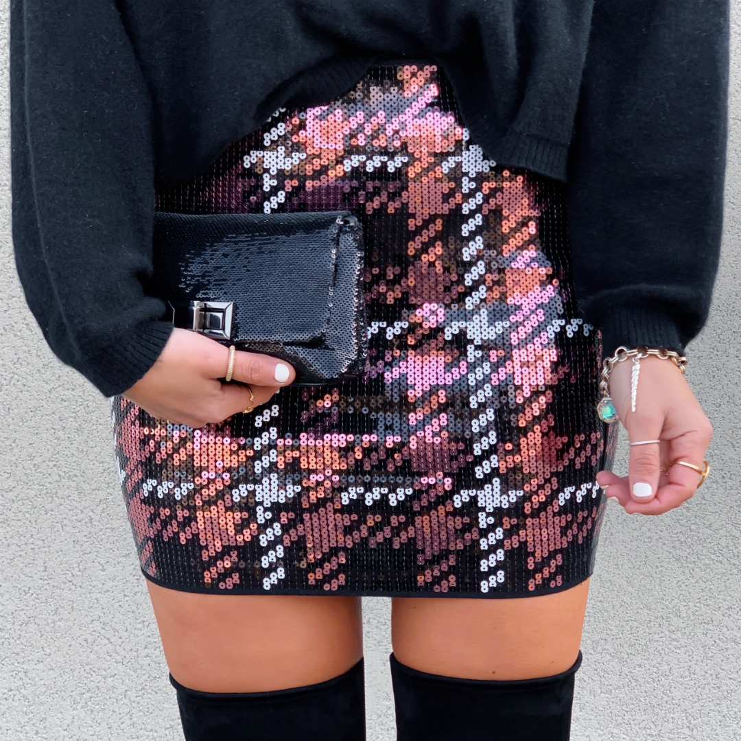 Blogger Sarah Lindner of House of Sequins wearing sequin mini skirt from Express