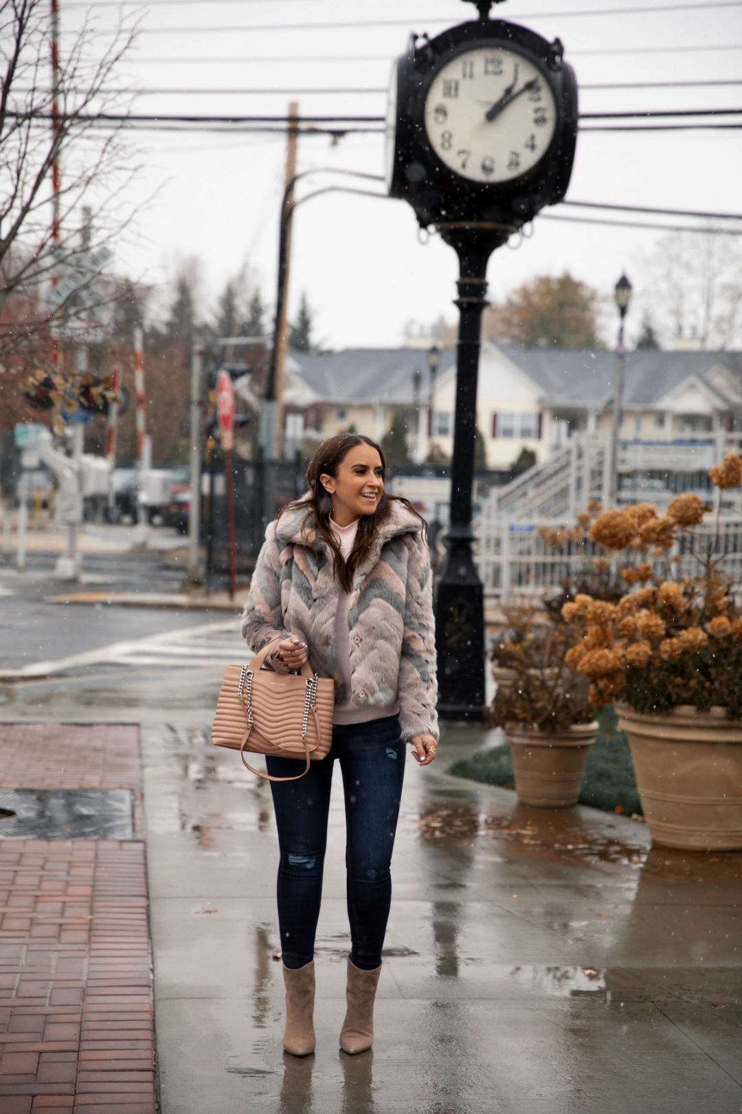 Blogger Sarah Lindner of The House of Sequins wearing Scoop faux fur jacket from Walmart