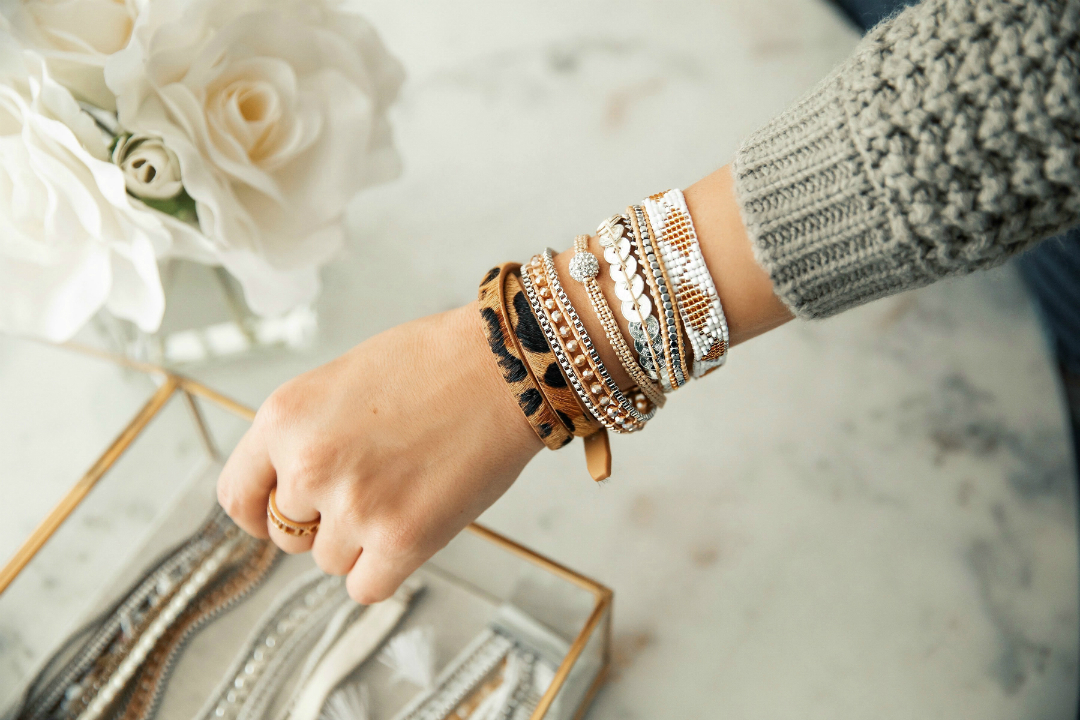 Blogger Sarah Lindner of House of Sequins wearing Victoria Emerson boho cuff wrap bracelets