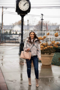Blogger Sarah Lindner of The House of Sequins wearing Scoop faux fur jacket from Walmart
