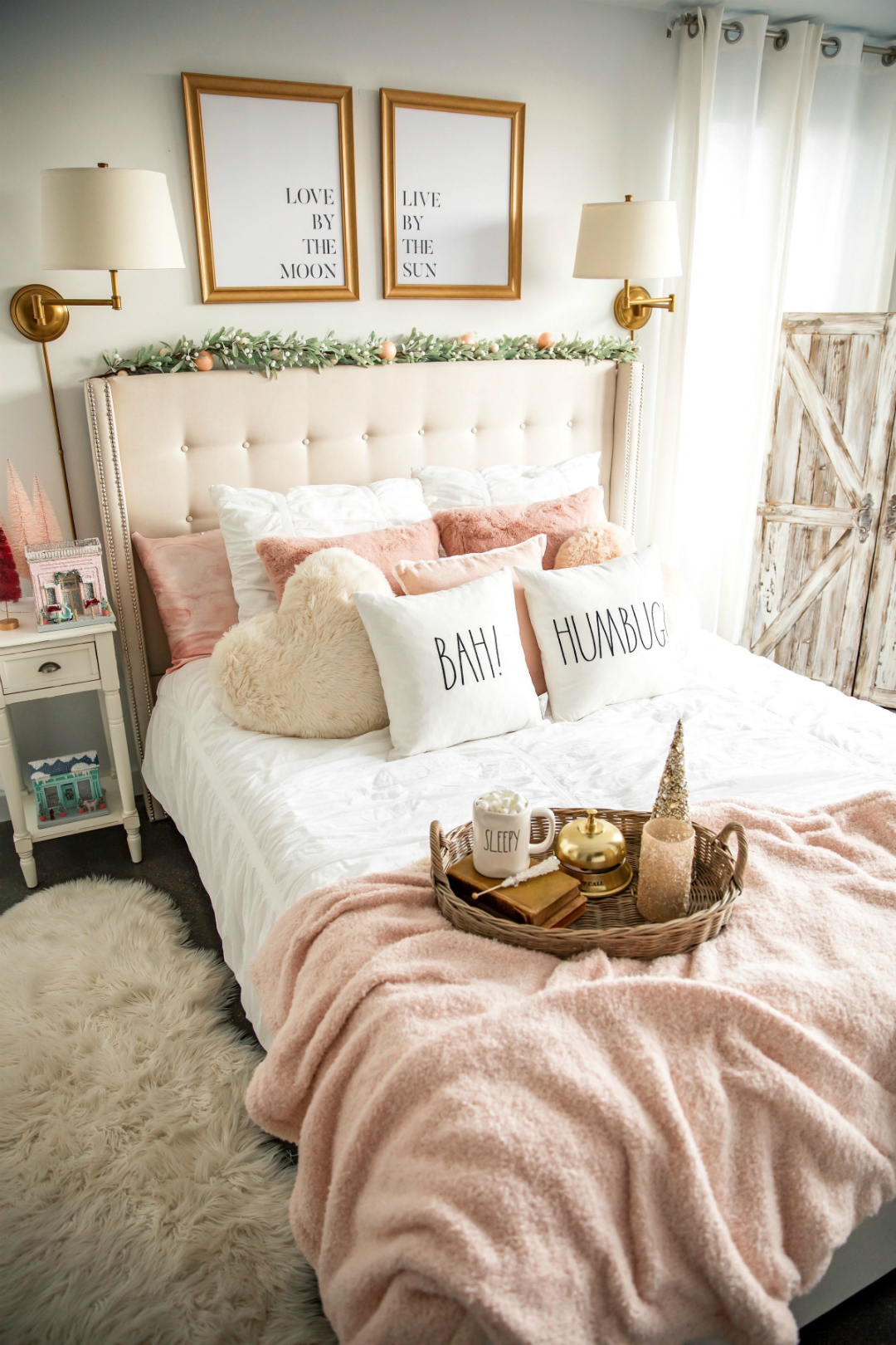 Blogger Sarah Lindner of The House of Sequins sharing how to style holiday bedroom decor from Bloomingdales