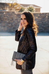 Blogger Sarah Lindner of The House of Sequins wearing a sequin blazer look from Express