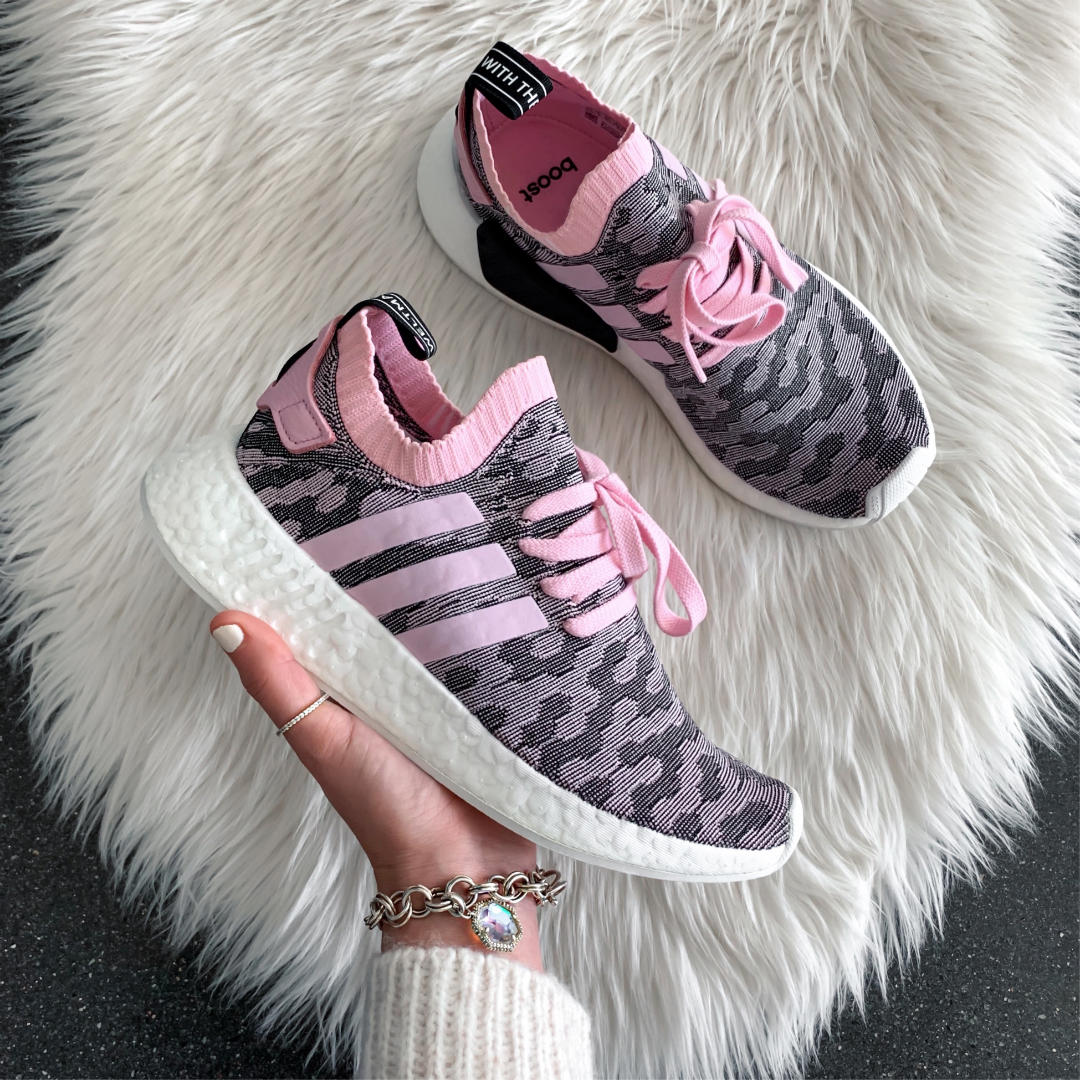 Blogger Sarah Lindner of The House of Sequins Adidas womens NMD camo sneakers pink
