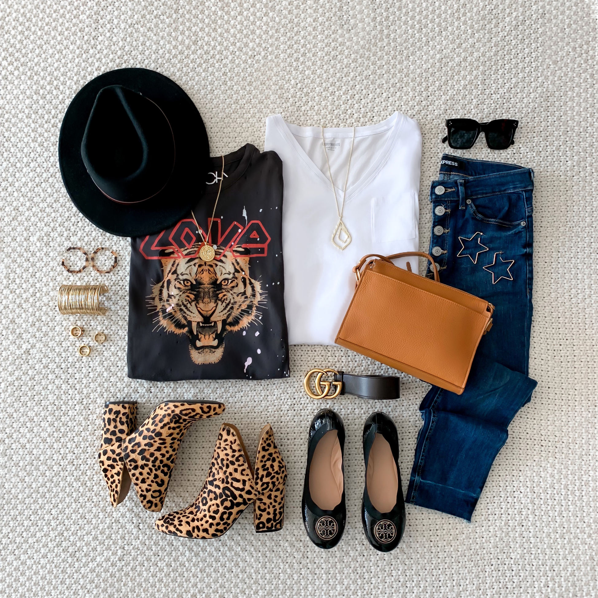 Blogger Sarah Lindner of The House of Sequins styling graphic tees with casual basics.