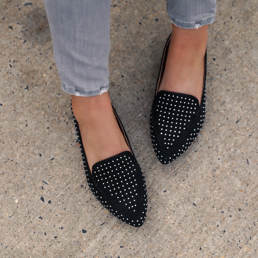 Blogger Sarah Lindner of The House of Sequins sharing OOTD with studded loafers from Walmart.