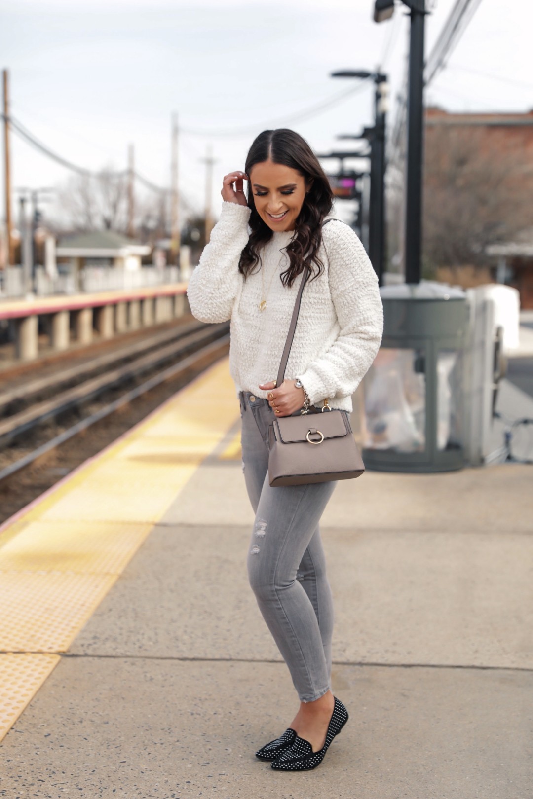 Blogger Sarah Lindner of The House of Sequins sharing OOTD with studded loafers from Walmart.