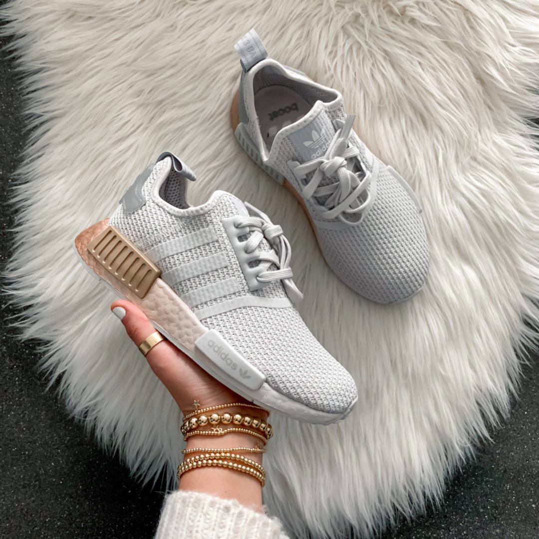 Blogger Sarah Lindner of The House of Sequins sharing Adidas athletic sneakers.