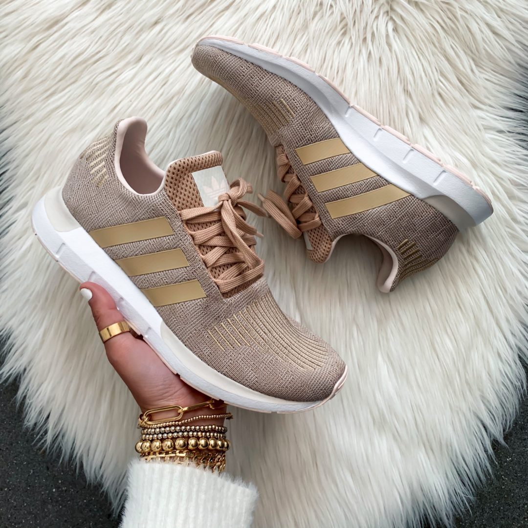 Blogger Sarah Lindner of The House of Sequins sharing Adidas athletic sneakers