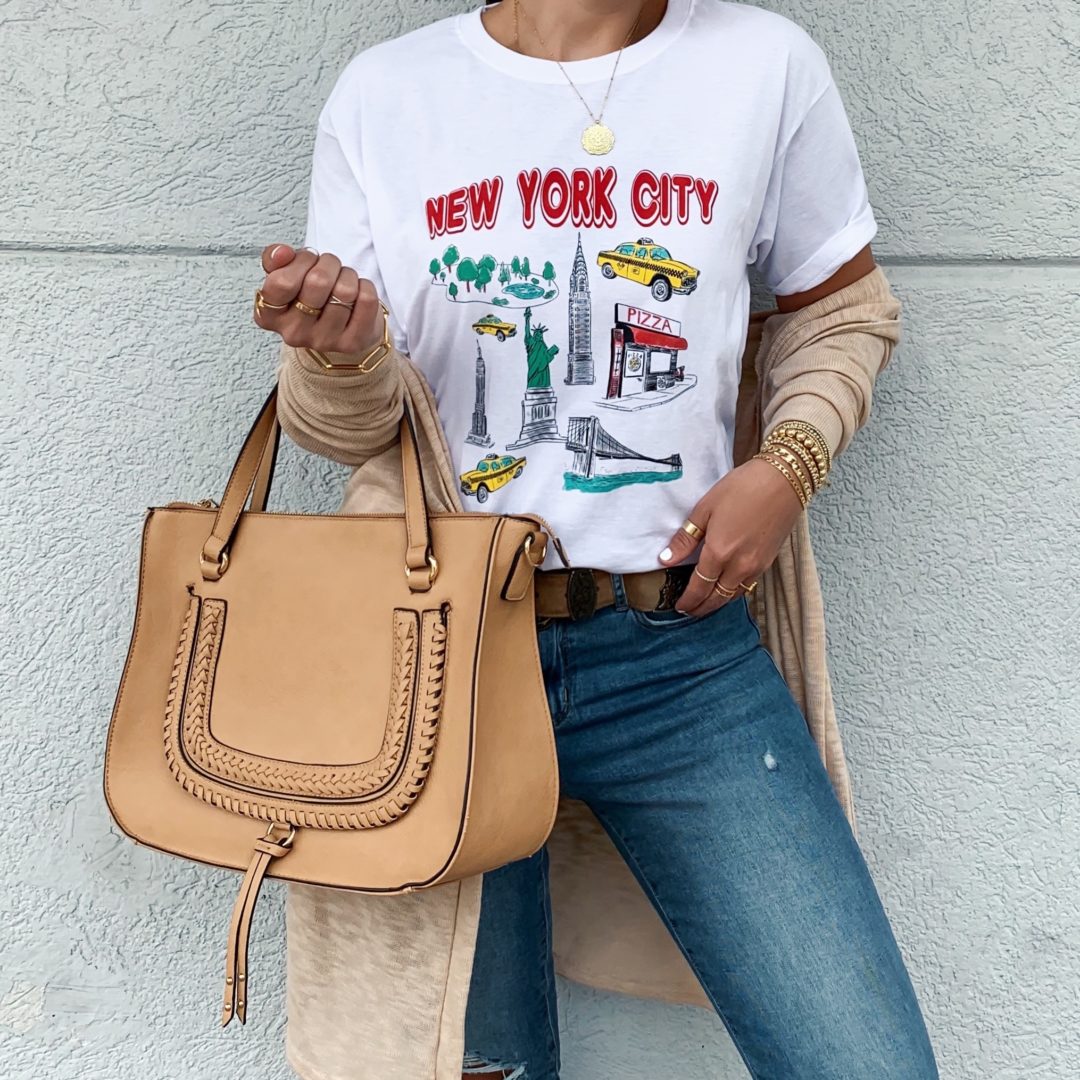 Blogger Sarah Lindner of the House of Sequins sharing graphic tees from Walmart.