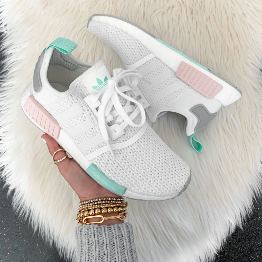 Blogger Sarah Lindner of The House of Sequins sharing new Adidas sneakers. 