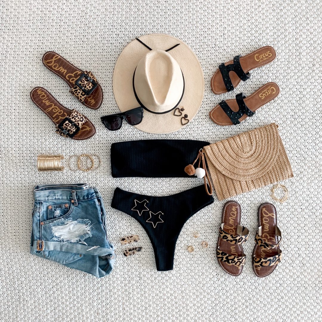 Blogger Sarah Lindner of The House of Sequins styling swimsuits and summer outfits.