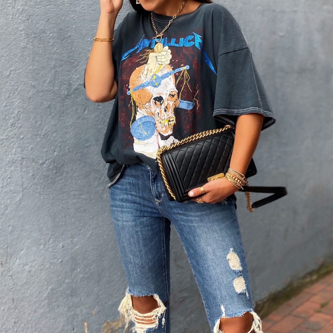 Blogger Sarah Linder of The House of Sequins sharing band tee looks.