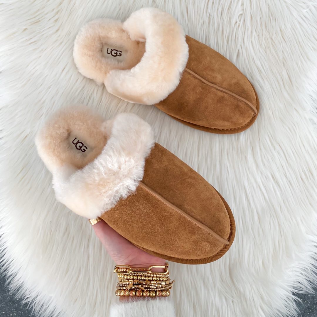 Blogger Sarah Lindner of The House of Sequins sharing Ugg slippers. 