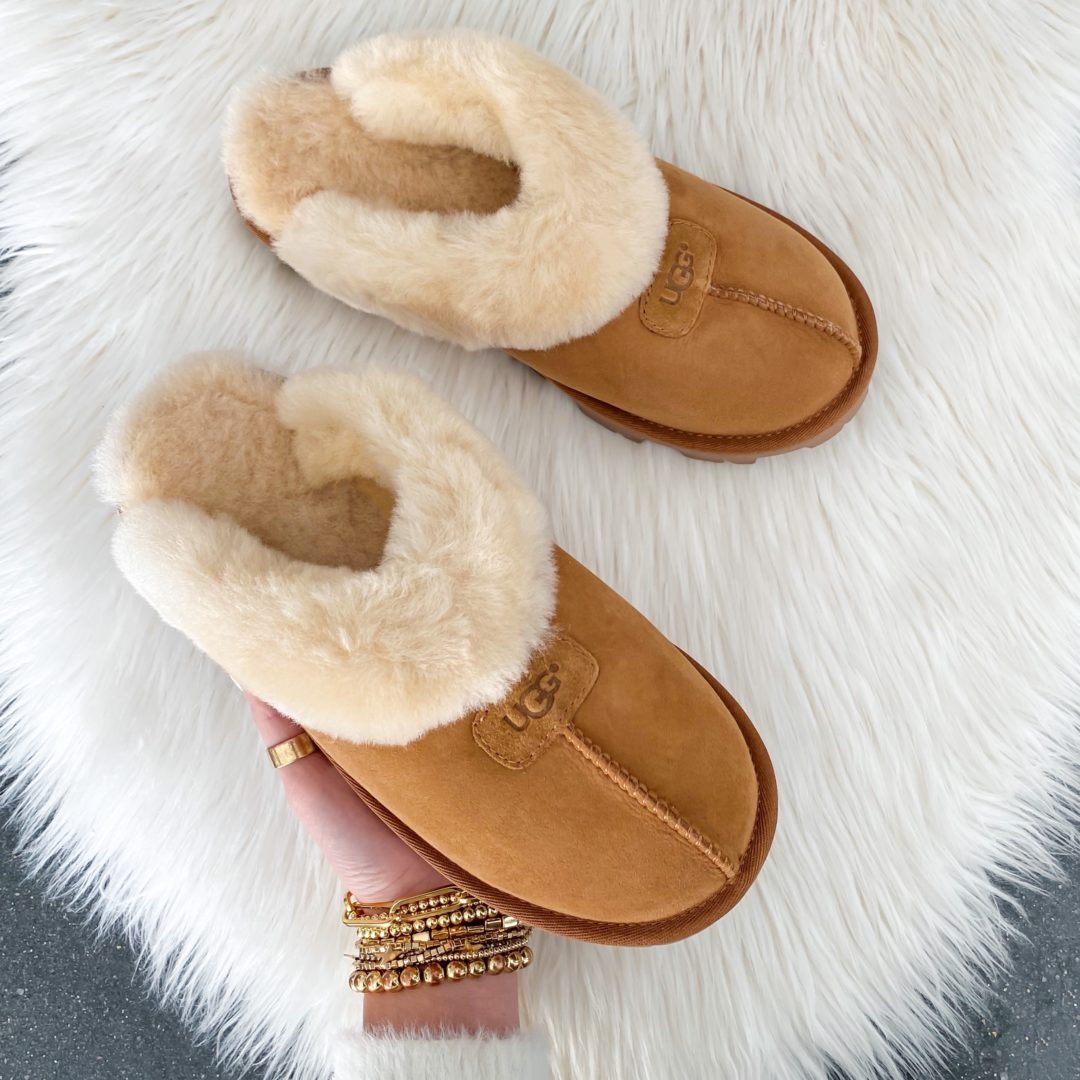 Blogger Sarah Lindner of The House of Sequins sharing Ugg slippers.