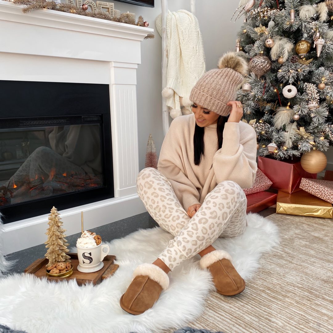 Blogger Sarah Lindner of The House of Sequins sharing Ugg slippers from Nordstrom.