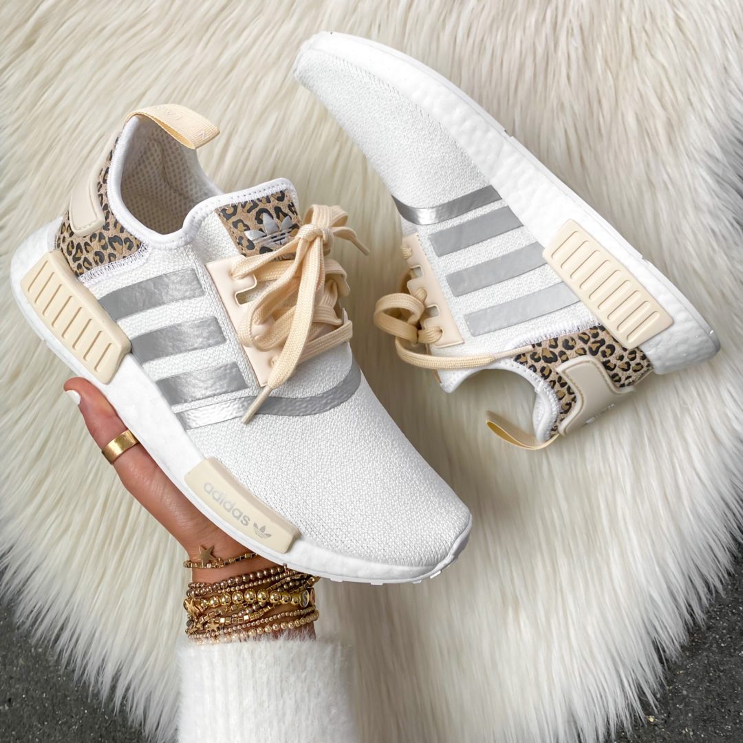 Blogger Sarah Lindner of The House of Sequins sharing leopard print Adidas sneakers. 