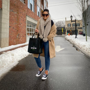 Blogger Sarah Lindner of The House of Sequins styling winter outfits.