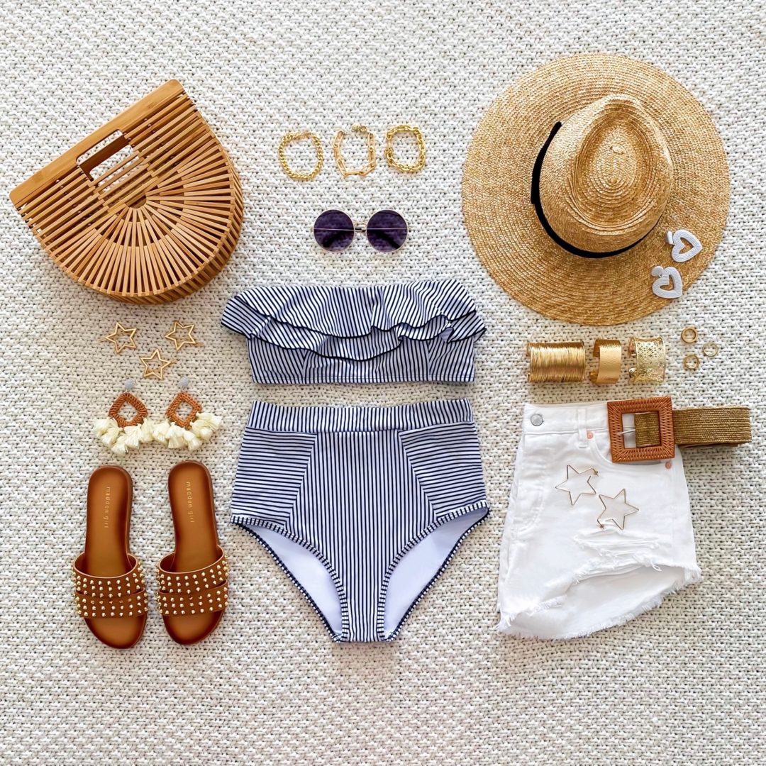 Blogger Sarah Lindner of The House of Sequins styling vacation looks with Amazon swimsuits.