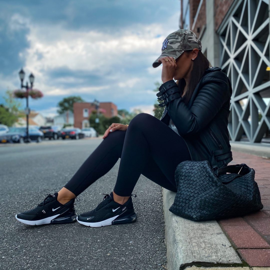 Blogger Sarah Lindner of The House of Sequins styling Spanx leggings and Nike Air Max sneakers. 